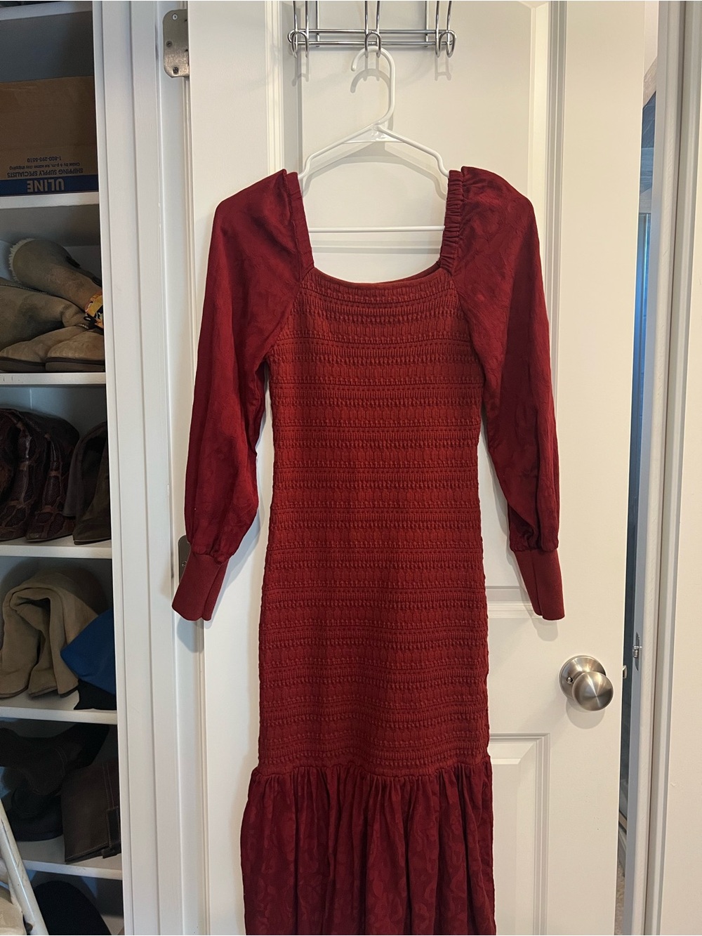 Off the Shoulder Red Maxi Dress with Smocked Bodice